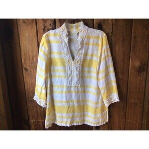 Charter Club Luxury Womens Yellow White Striped Lace Trim Tunic Top Large Linen
